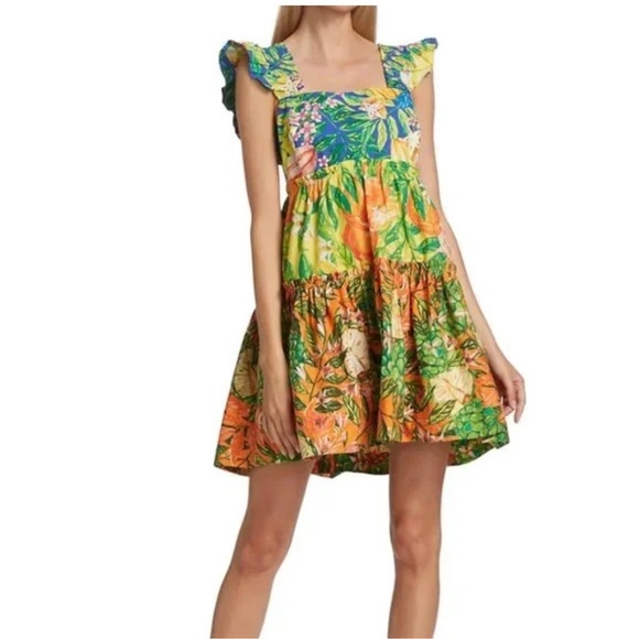 FARM RIO Caipirinha Tiered Printed Ruffle Sleeve Tropical Cotton Mini Dress NWT - Picture 4 of 16